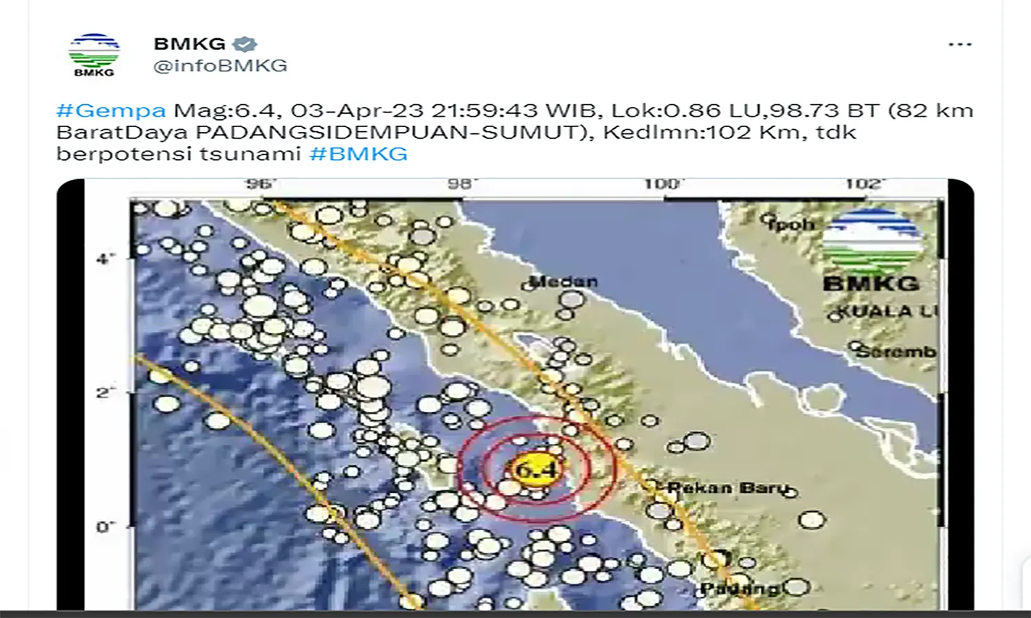 Gempa Berkekuatan 6,4 Skala Richter Guncang Kota Padang Sidempuan